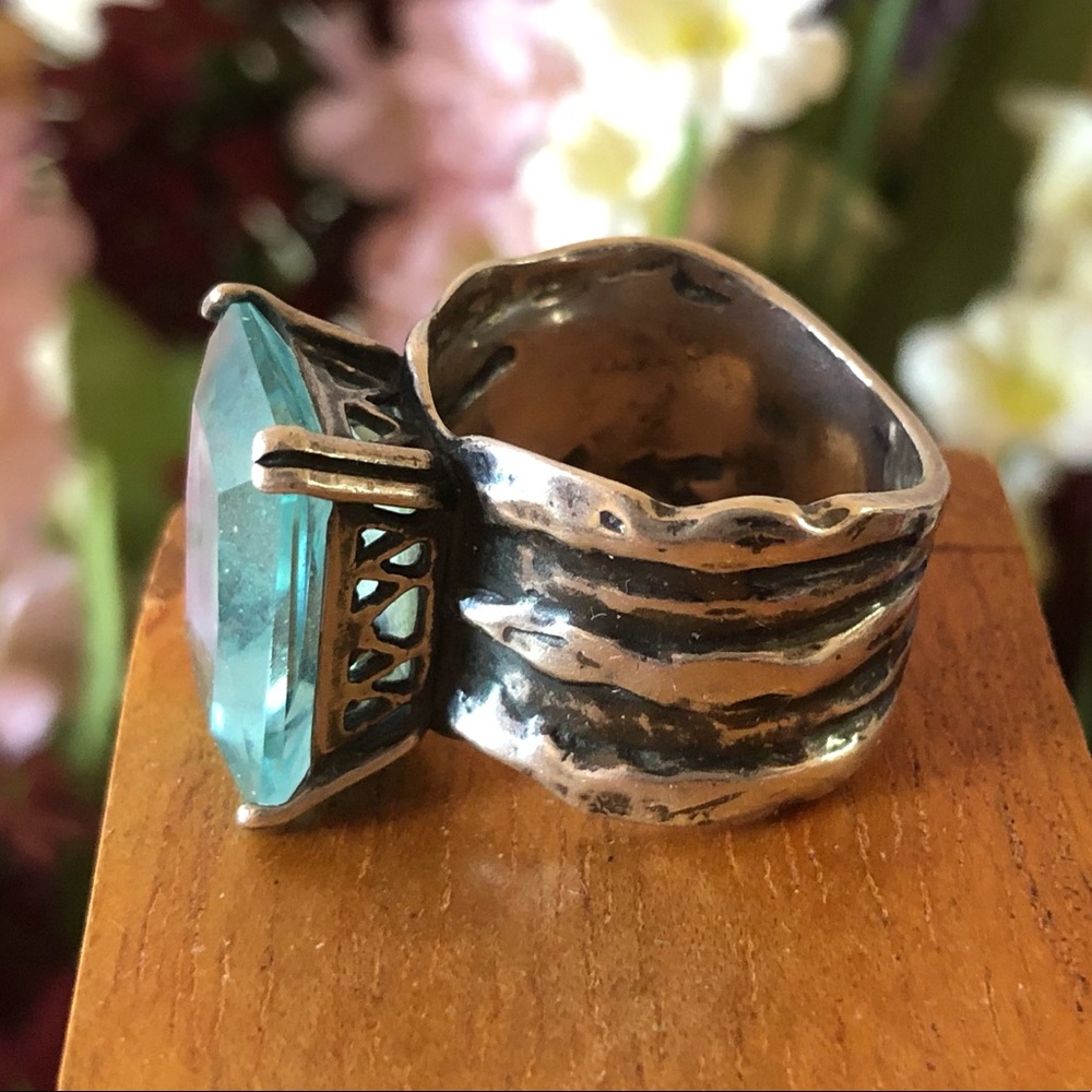 Vintage Silpada Sterling Silver Aqua Glass Statement Ring Size 8 - Picture 4 of 14